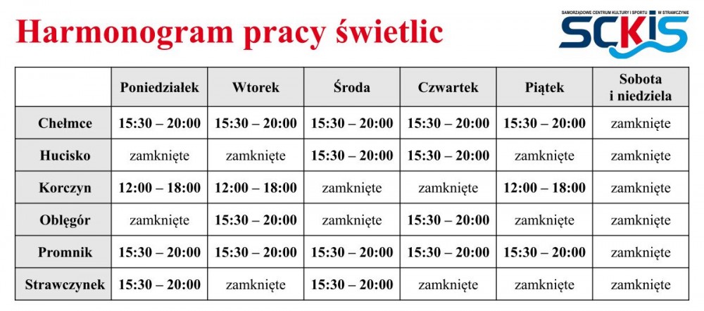 Harmonogram pracy świetlic